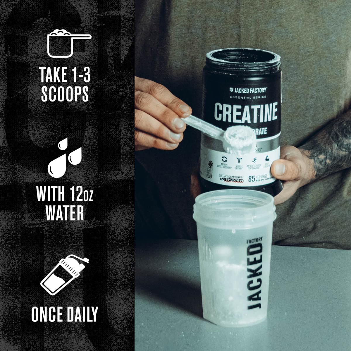 Jacked Factory Creatine Monohidrato en envase cGMP garantiza pureza.