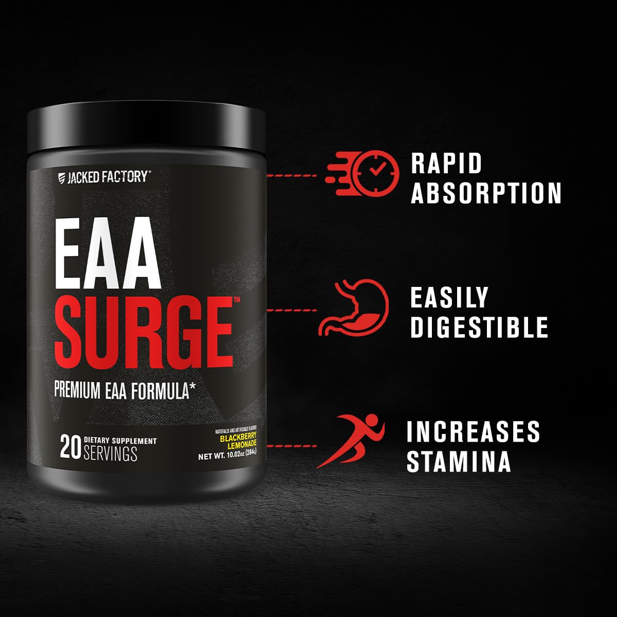 Jacked Factory EAA Surge, etiqueta visible, énfasis en Amino9 y aminoácidos esenciales.