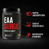 Jacked Factory EAA Surge, etiqueta visible, énfasis en Amino9 y aminoácidos esenciales.