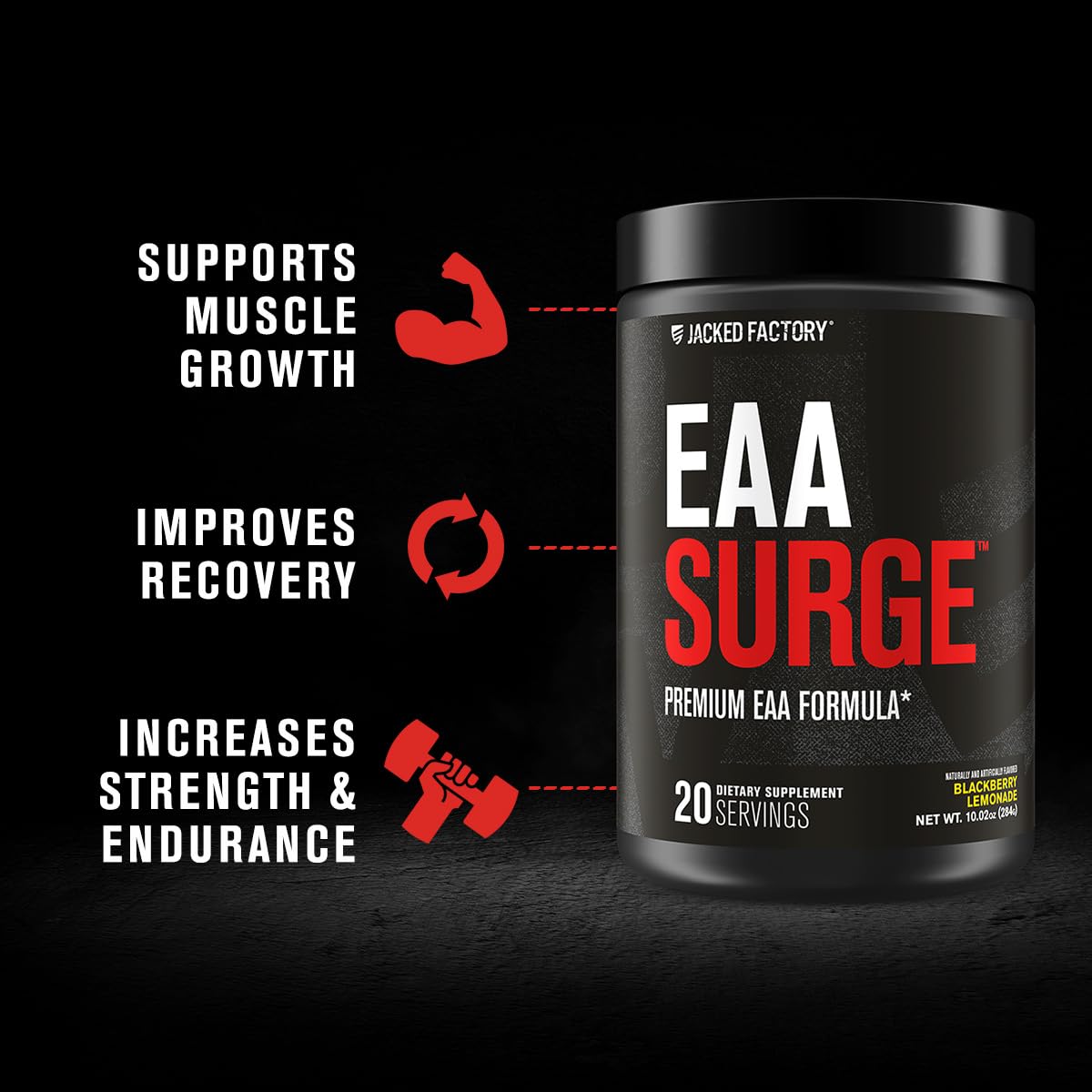 Jacked Factory EAA Surge, polvo en bolsa, fuente rápida de aminoácidos para recuperación.