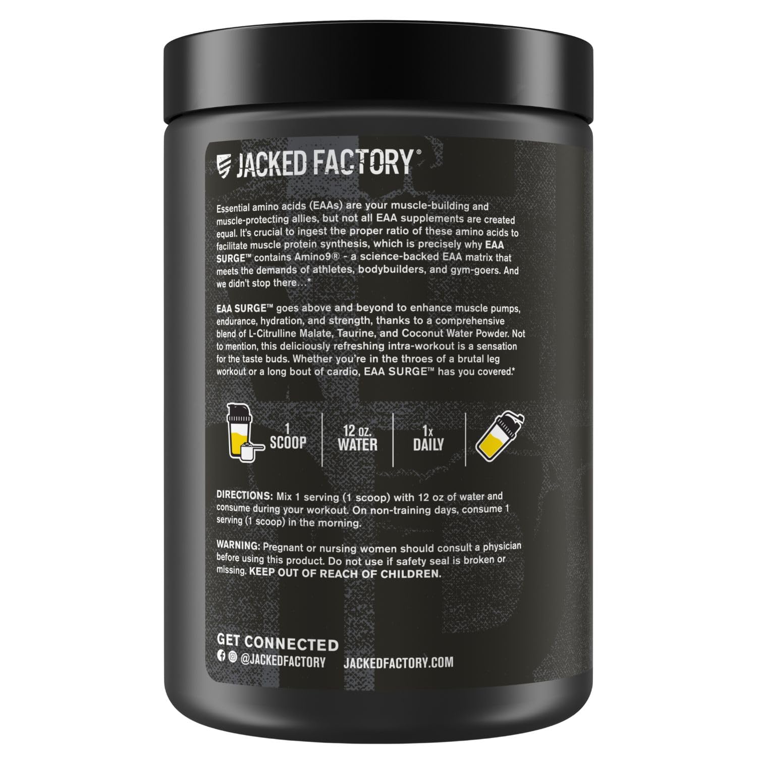 Jacked Factory EAA Surge, sabor mora negra con limón, ideal para intraentreno.