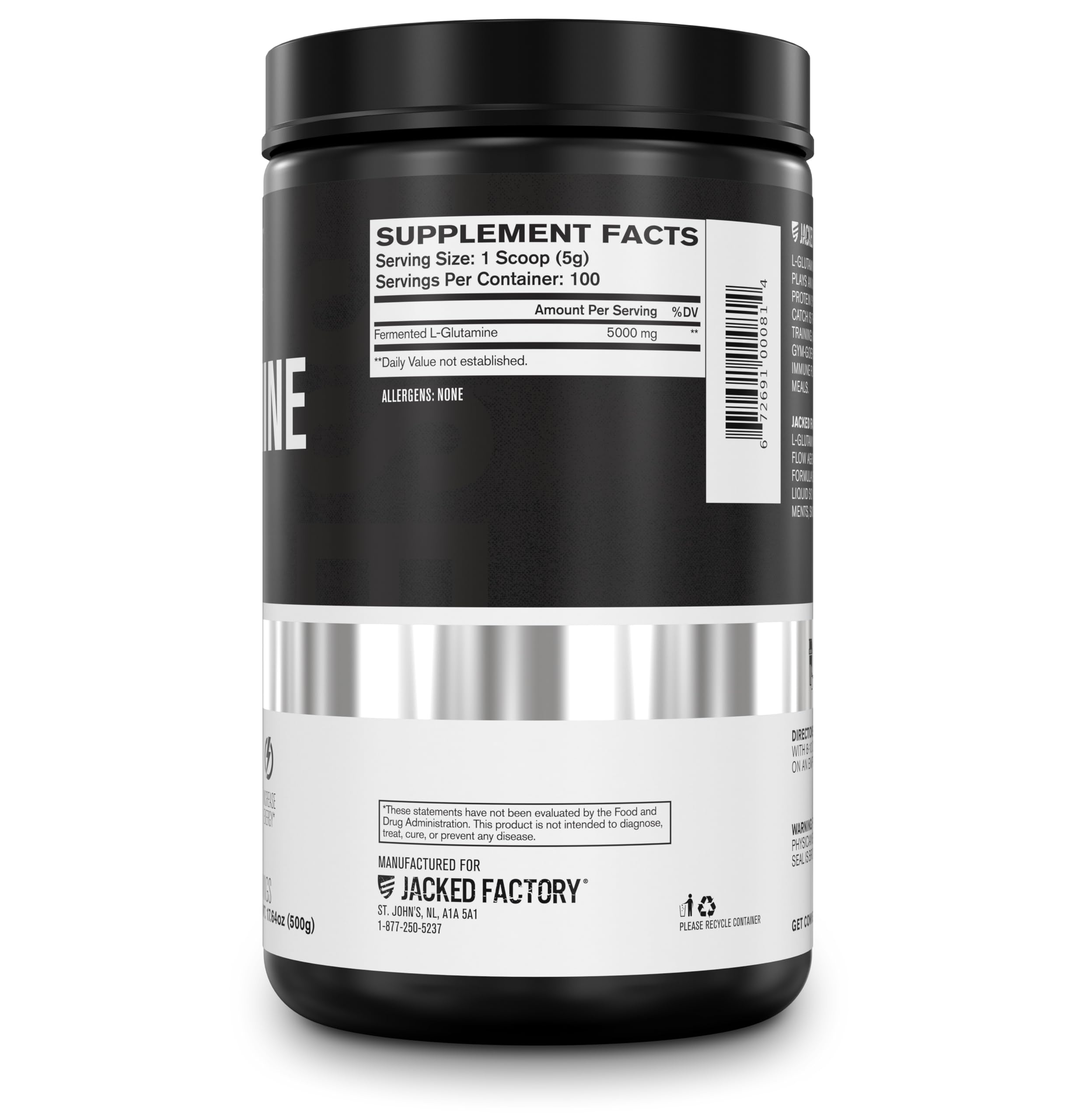 Jacked Factory L-Glutamina apoya la recuperacion posentrenamiento.