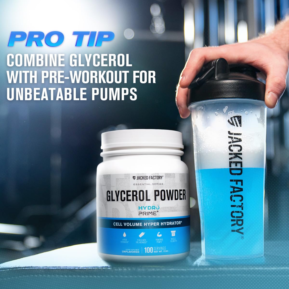 Envase transparente de Jacked Factory Glycerol Pump enfocado en polvo sin sabor para entrenamientos.