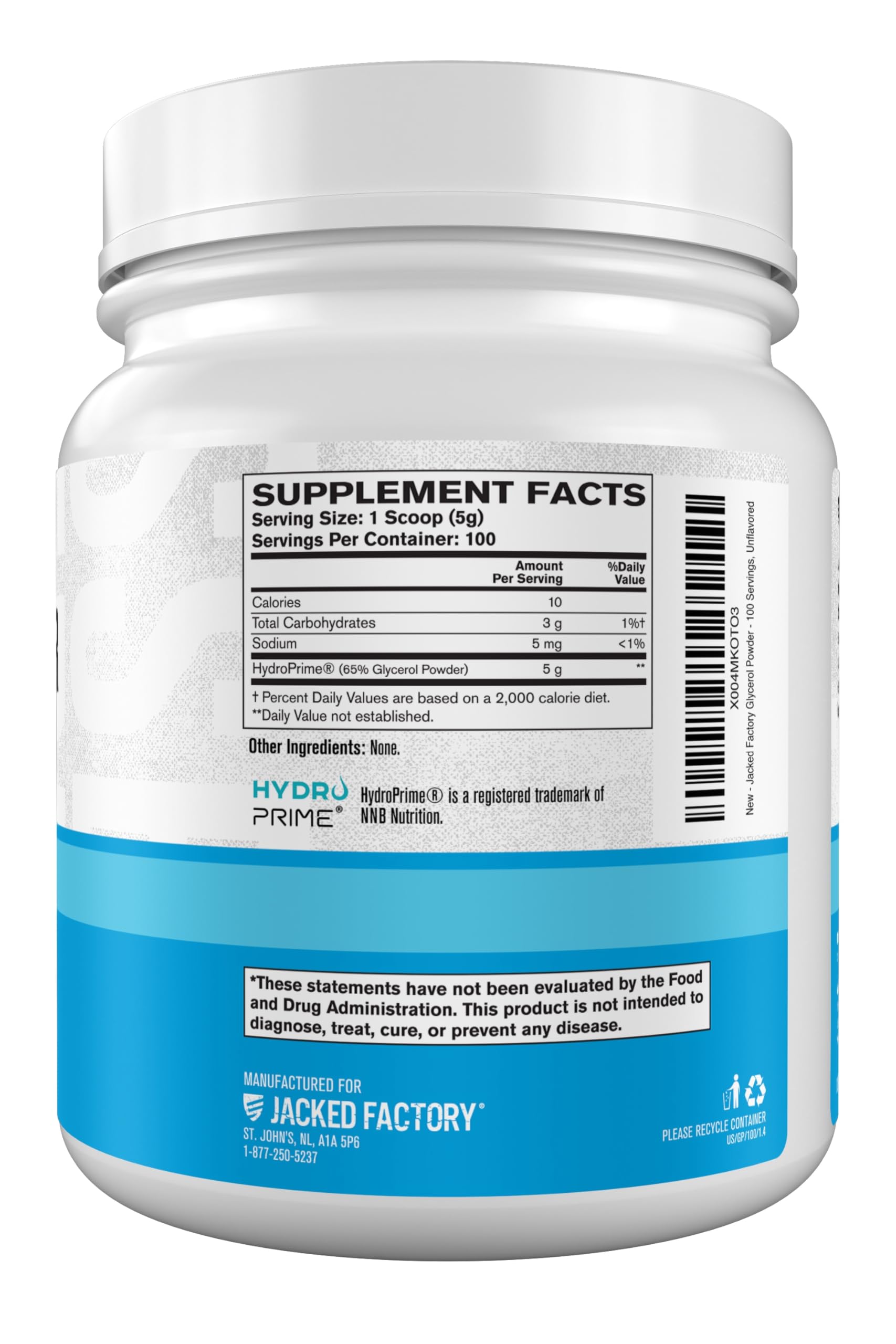 Frente del envase destaca la fórmula sin estimulantes de Jacked Factory Glycerol Pump para entrenamientos equilibrados.