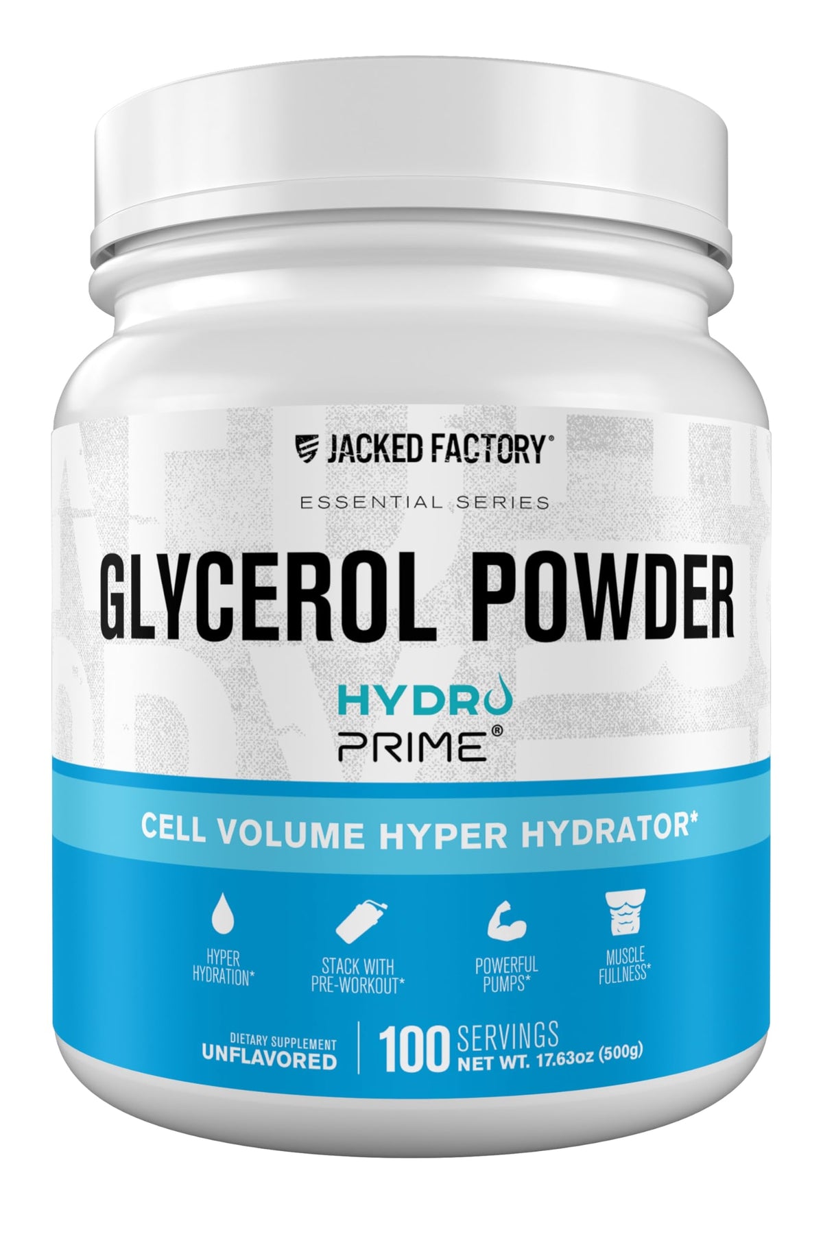 Jacked Factory Glycerol Pump en frasco muestra polvo listo para hidratación y plenitud muscular.
