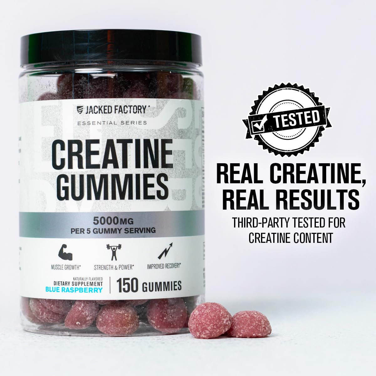 Gominolas de creatina Jacked Factory, prueba por terceros para dosis exacta y confianza.