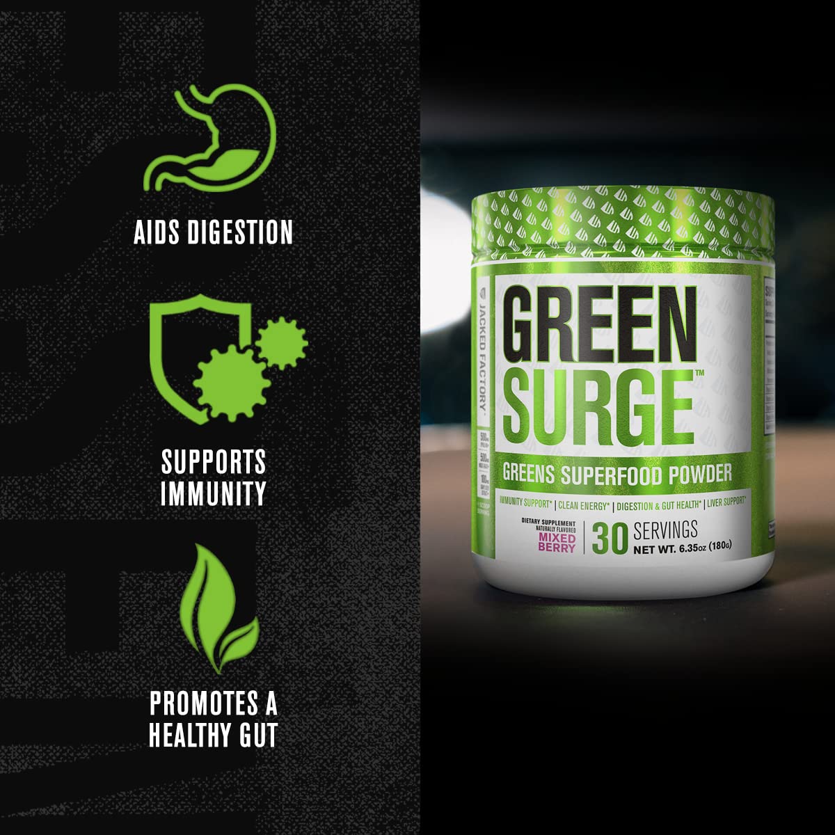 Jacked Factory Green Surge, hierba de cebada en polvo para digestión.