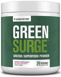 Jacked Factory Green Surge, polvo verde en frasco para nutrición diaria.