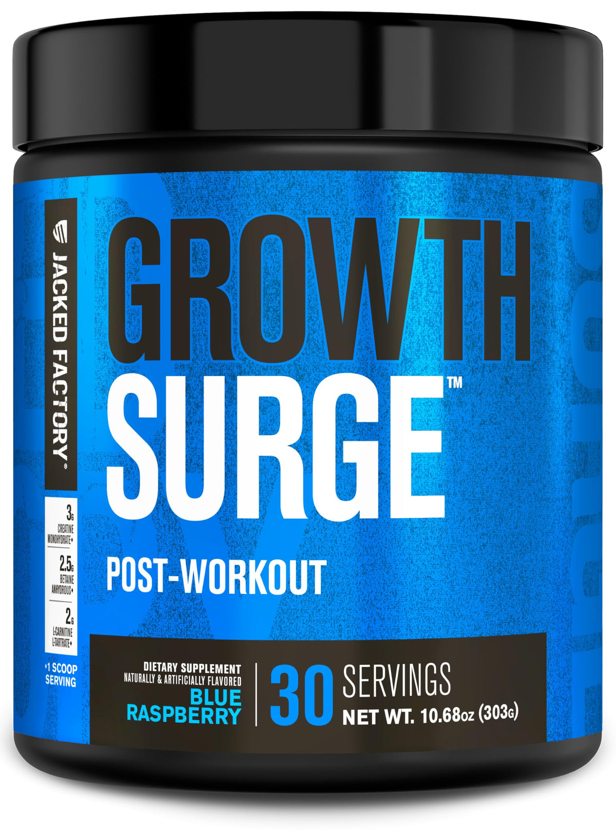 Jacked Factory Growth Surge, bote azul; ideal para recuperación muscular posentrenamiento.
