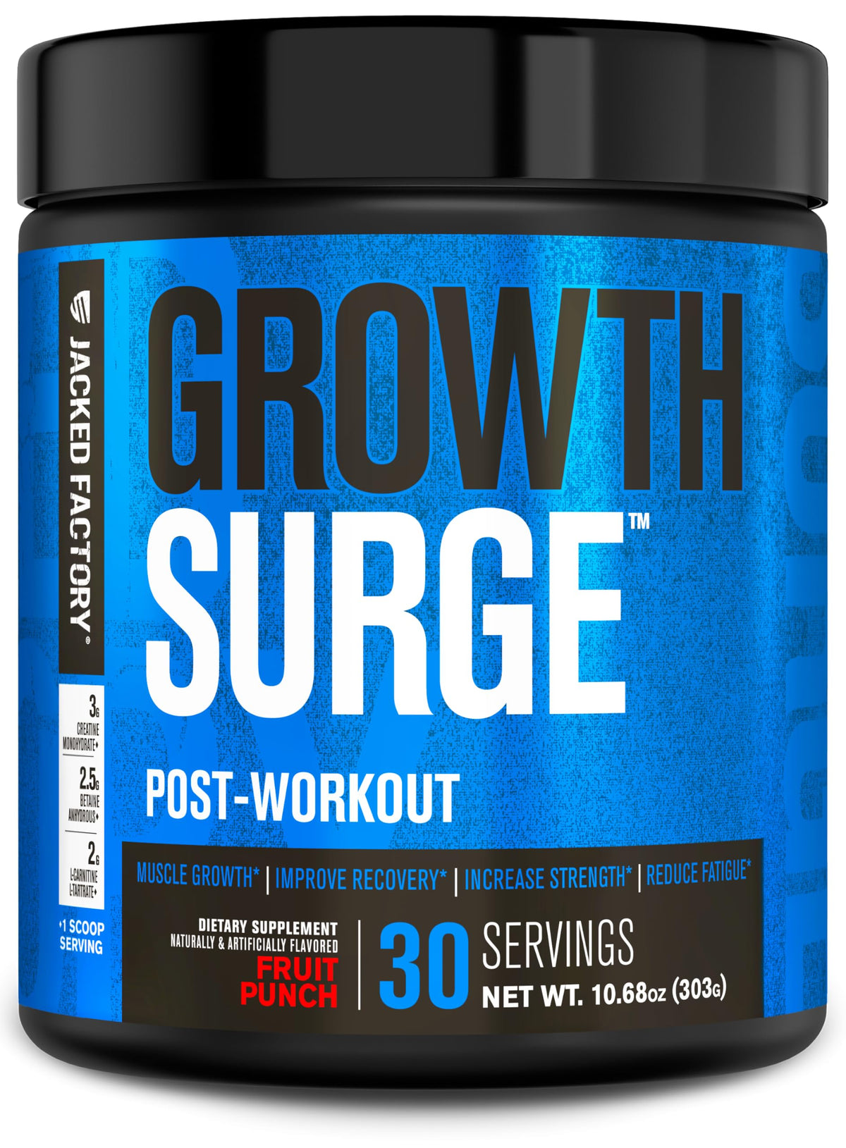 Jacked Factory Growth Surge, bote del suplemento, ideal para recuperación después del entrenamiento.
