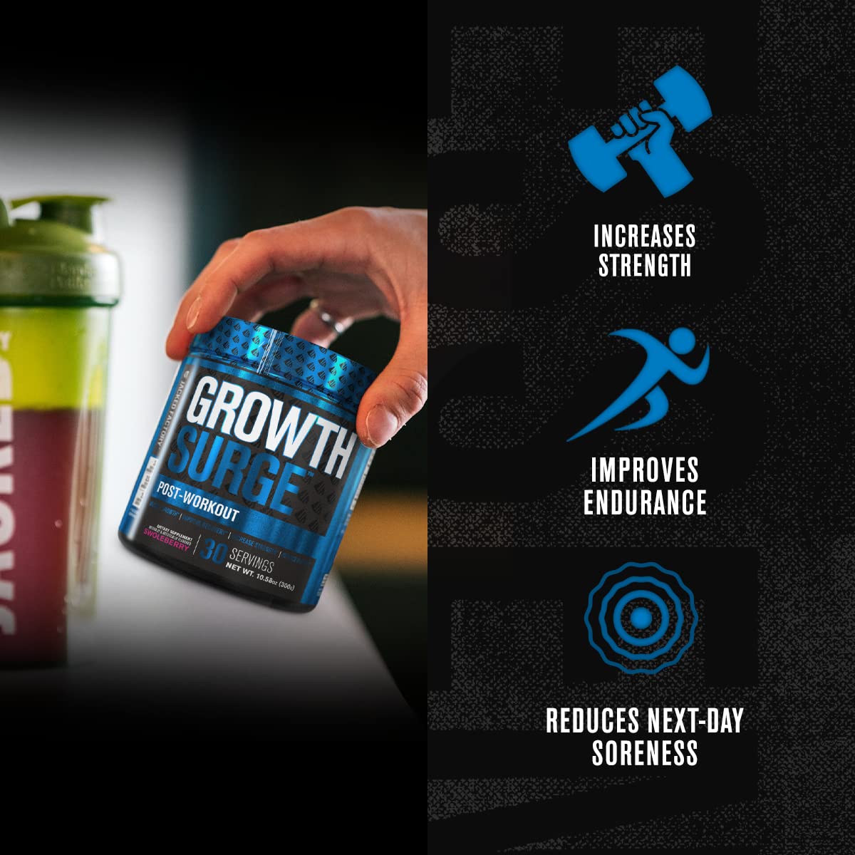 Polvo de creatina monohidratada en Growth Surge para potencia y resistencia durante sesiones.