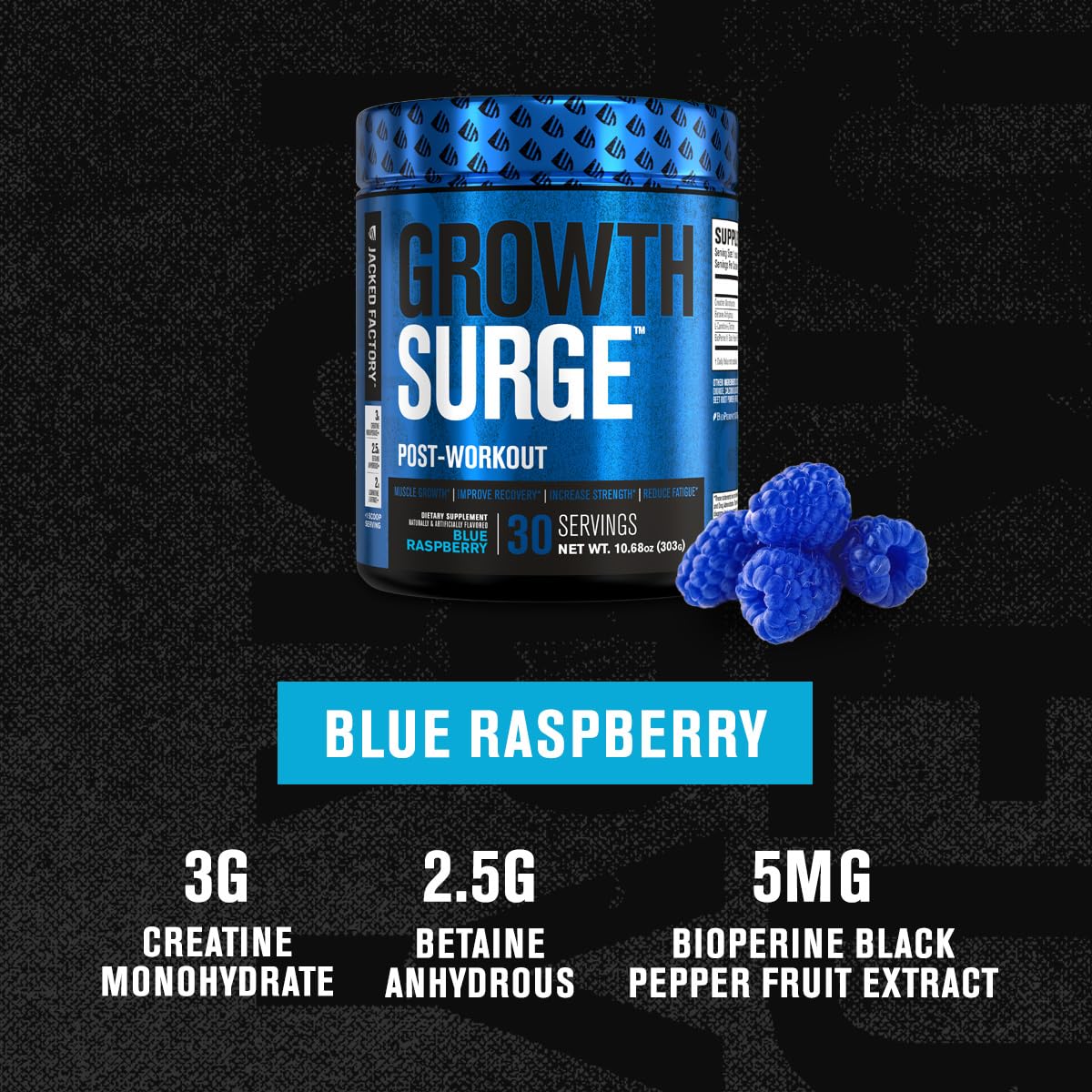 Jacked Factory Growth Surge, etiqueta detallada, muestra ingredientes clave en la etiqueta.