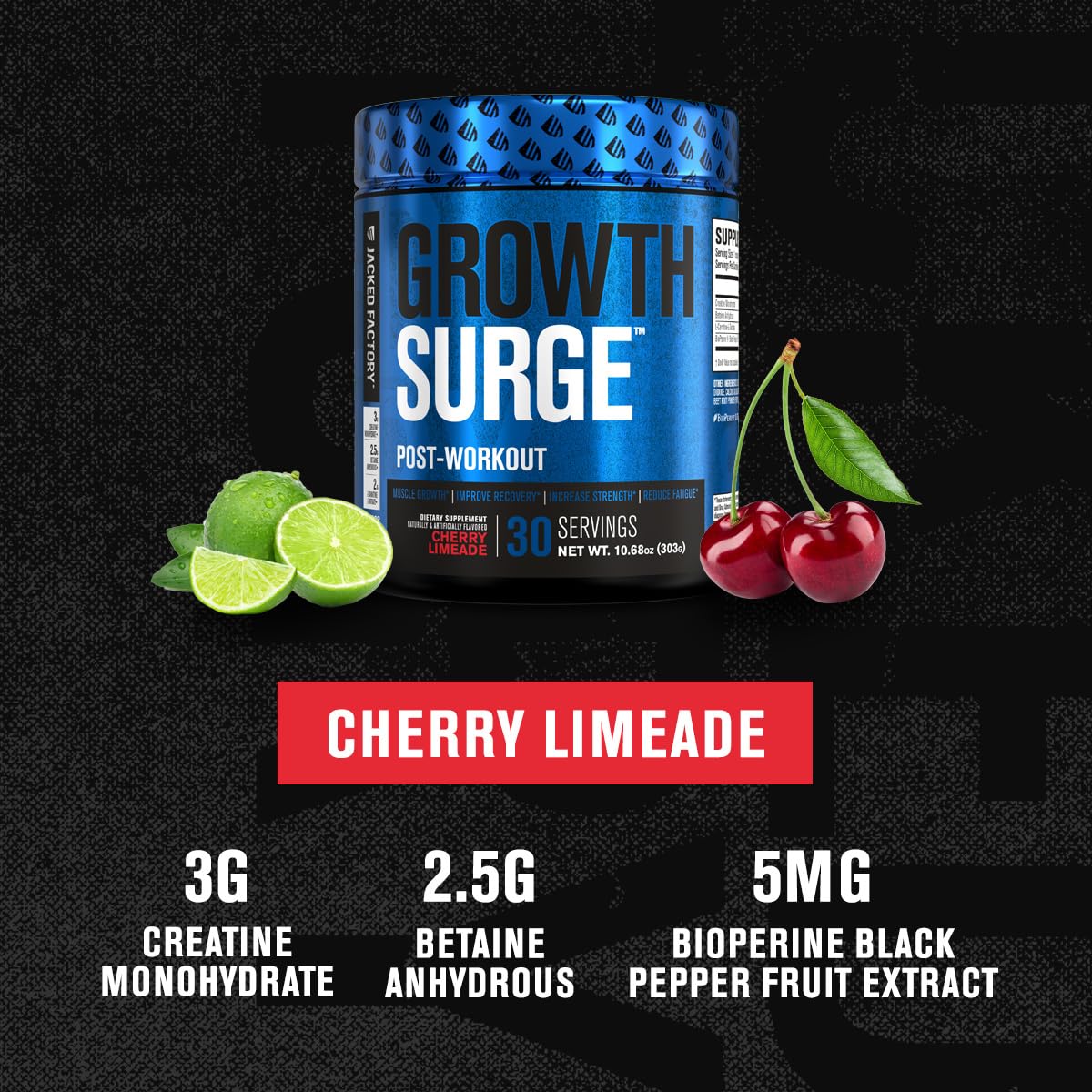 Jacked Factory Growth Surge polvo de creatina para soporte de rendimiento.