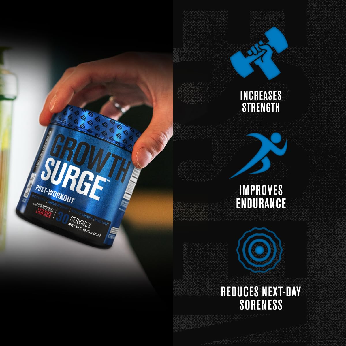 Jacked Factory Growth Surge primer plano de etiqueta con ingredientes clave.