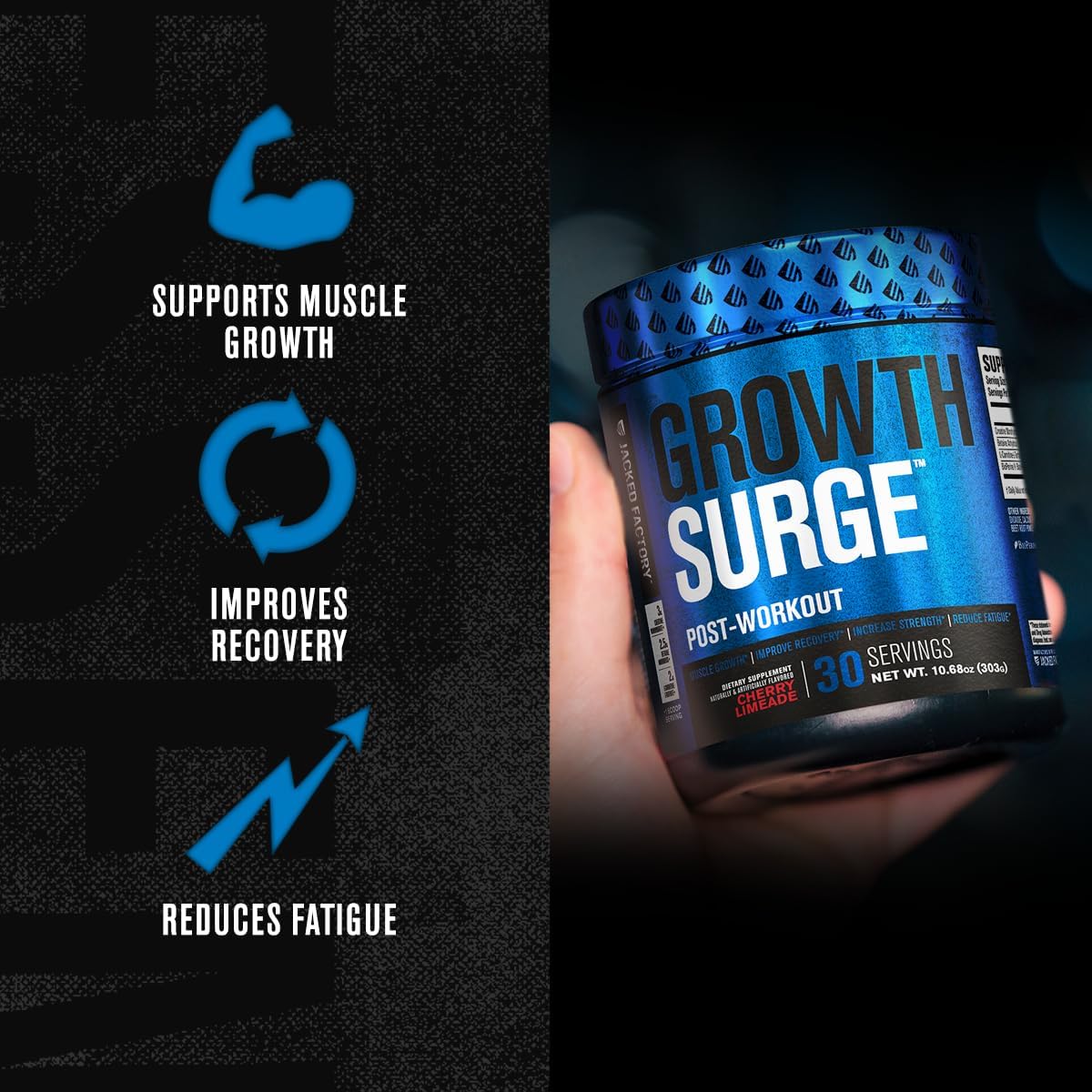 Jacked Factory Growth Surge, scoop medidor, dosificación precisa tras el entrenamiento.