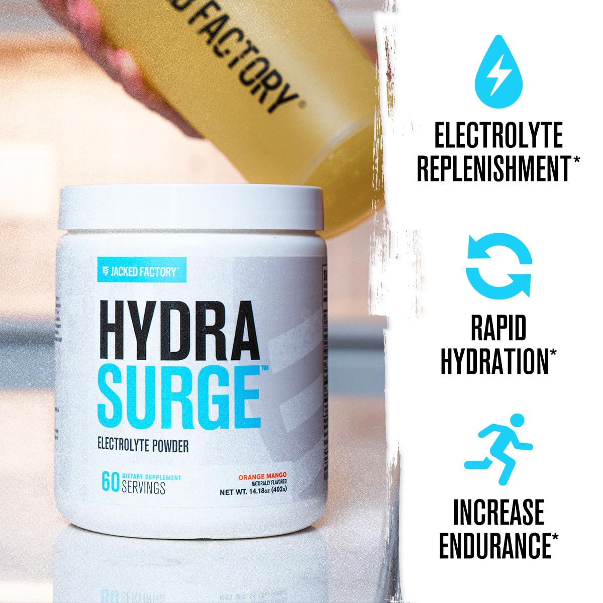 Hydrasurge, bebida de electrolitos sabor Naranja Mango para sesiones de ejercicio