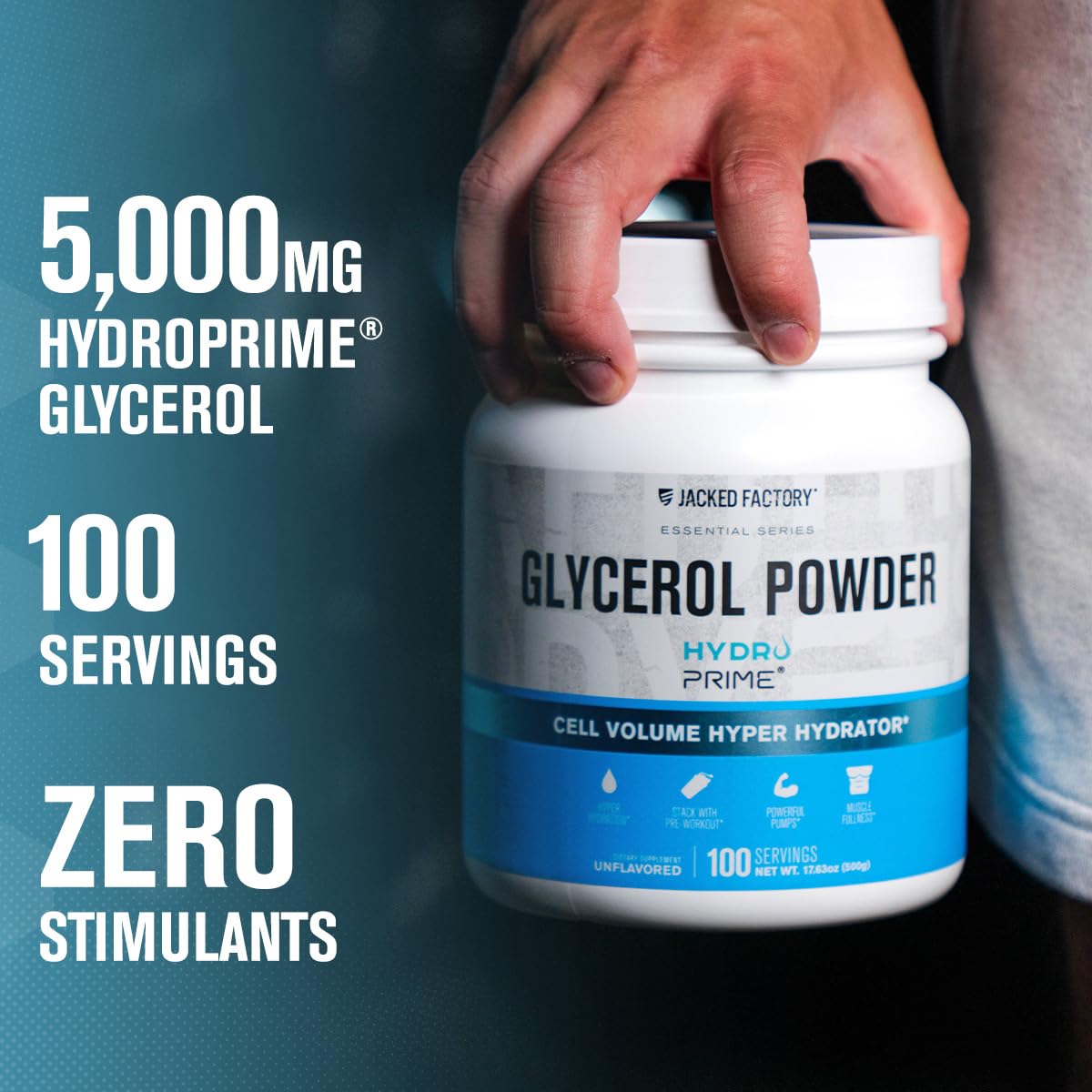 Etiqueta HydroPrime de Jacked Factory Glycerol Pump resalta un ingrediente clave para hidratación estable.