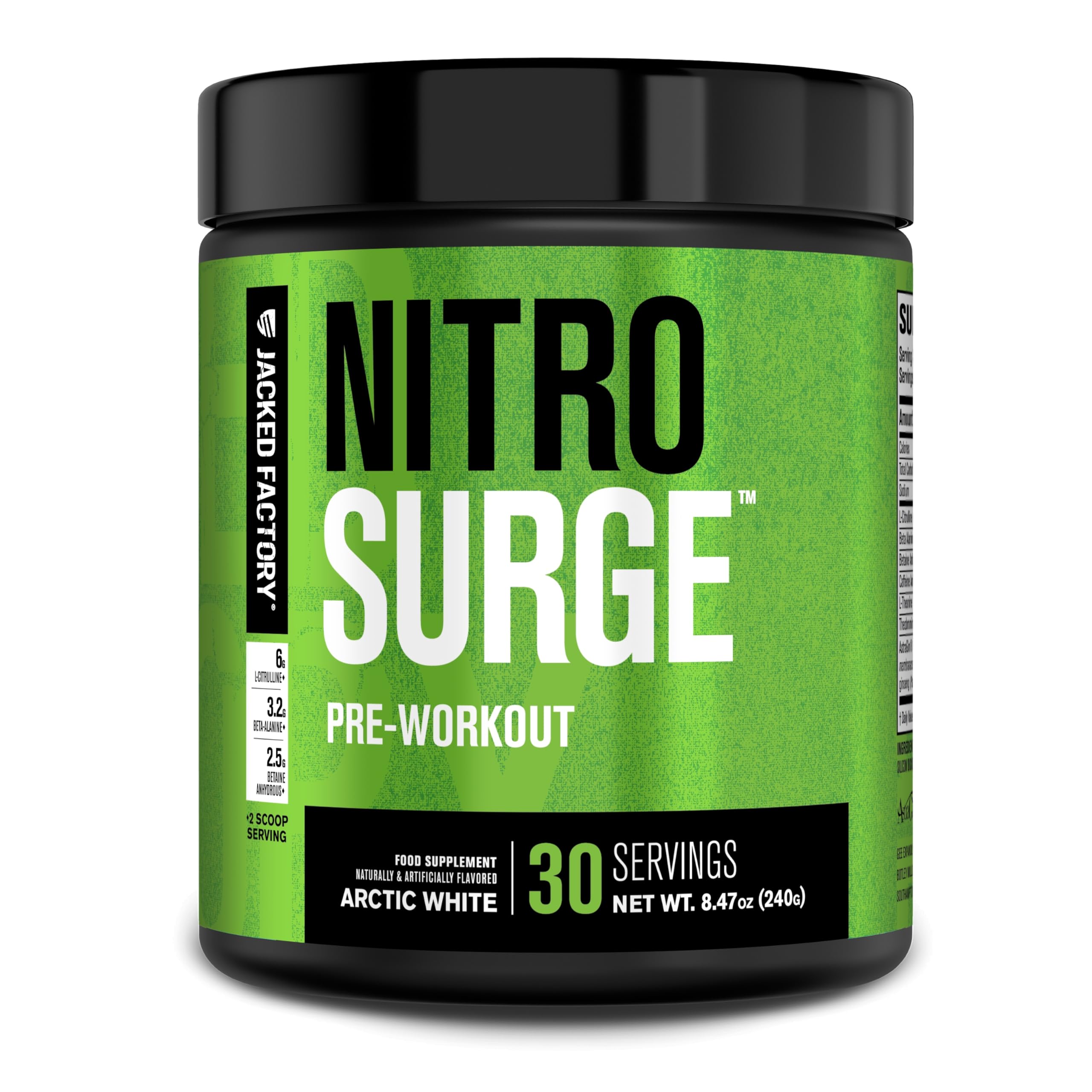 Nitrosurge de Jacked Factory en lata Blanco Ártico para entrenamientos energéticos.