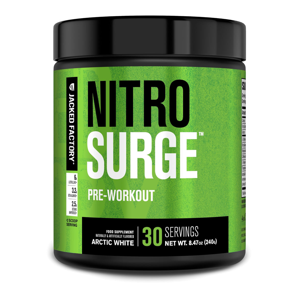Nitrosurge de Jacked Factory en lata Blanco Ártico para entrenamientos energéticos.