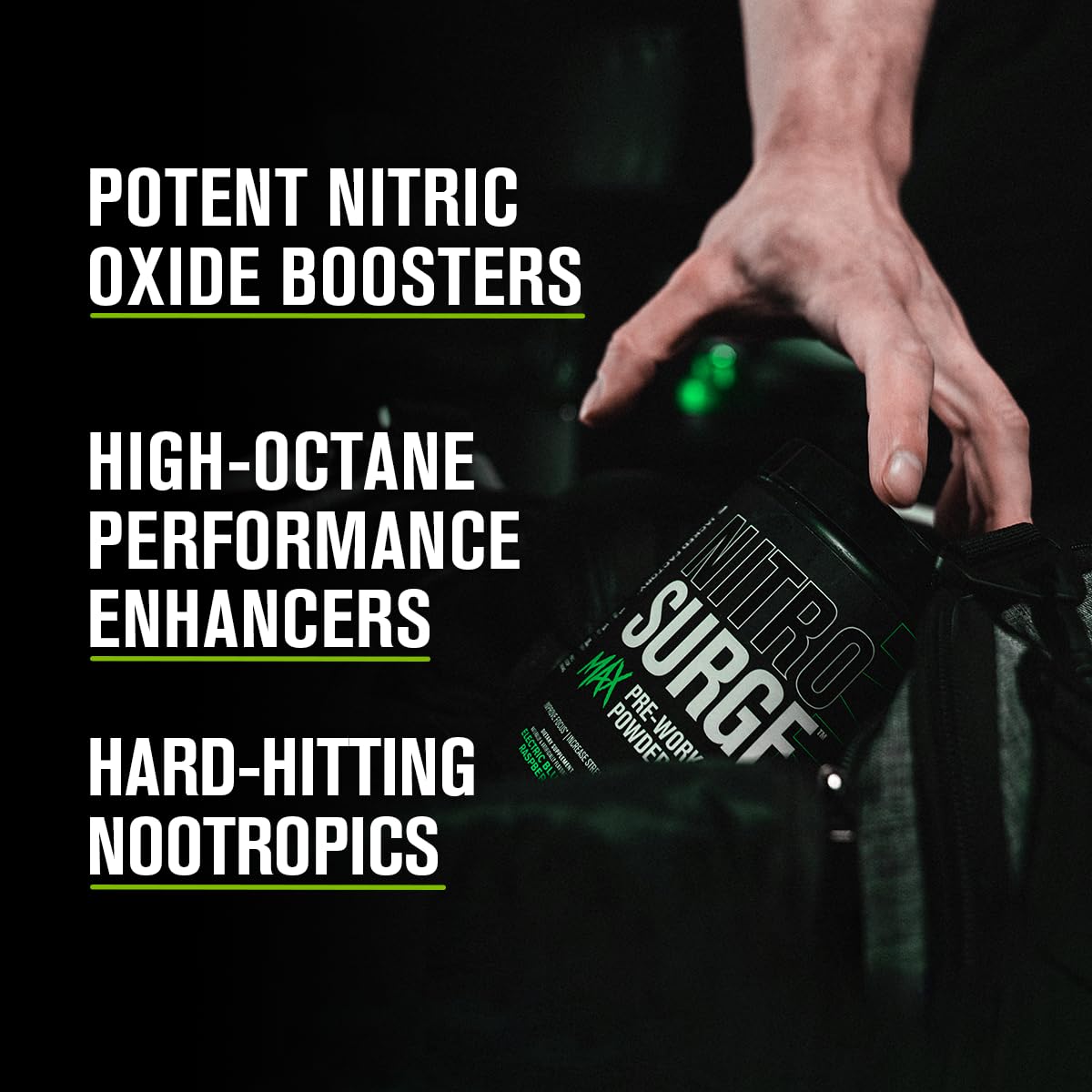Nitrosurge Max con cuchara medidora para dosis precisas y energía sostenida.