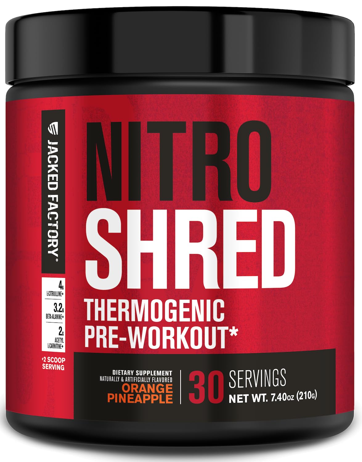 Jacked Factory Nitrosurge Shred, bote naranja-pina, energía para entrenamientos intensos.