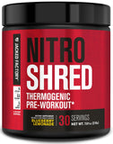Envase azul de Jacked Factory Nitrosurge Shred para entrenamientos intensos y concentración.
