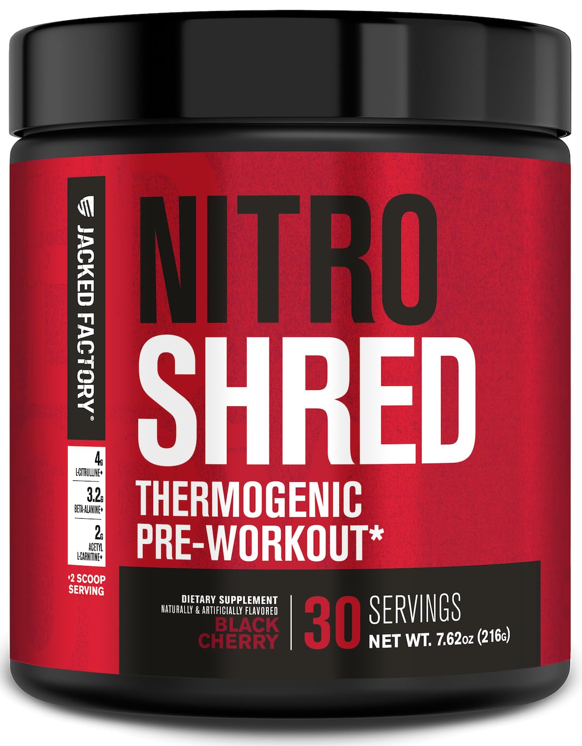 Jacked Factory Nitrosurge Shred, etiqueta de la botella, información de ingredientes y uso recomendado.