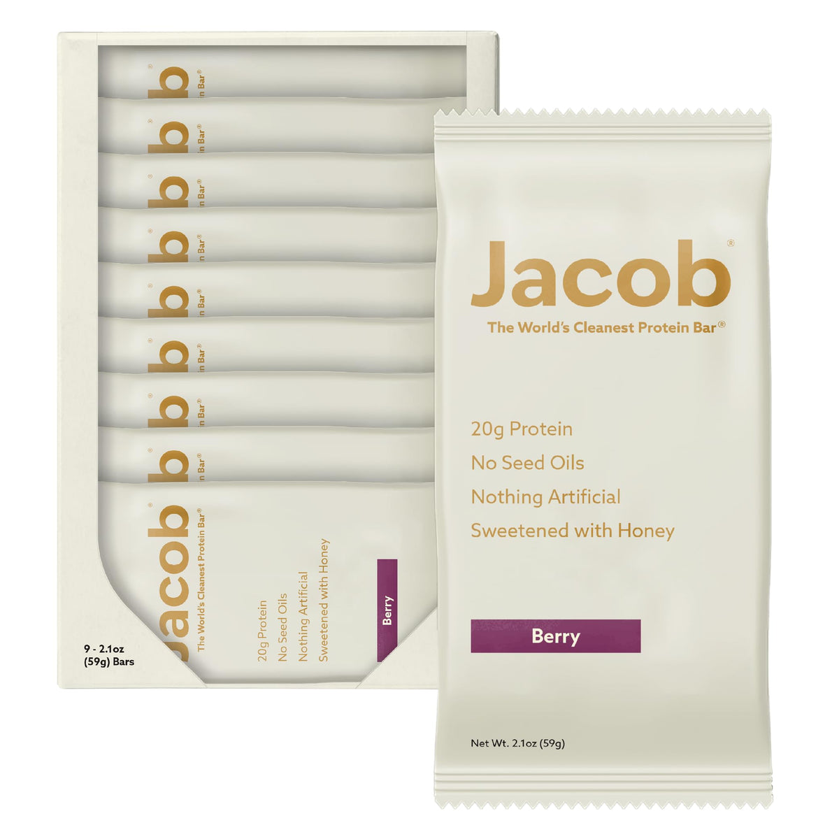 Jacob Bar: barras de proteína de frutos rojos mixtos, snack alto en proteína.