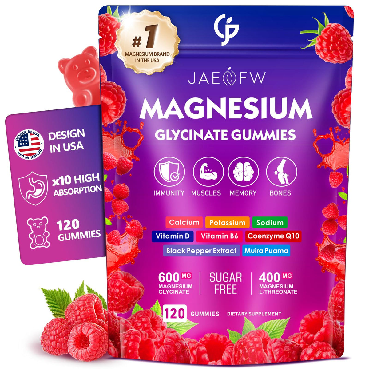 JAENFW gominolas magnesio glicinato 1000 mg en botella, apoyo suave para energía diaria.