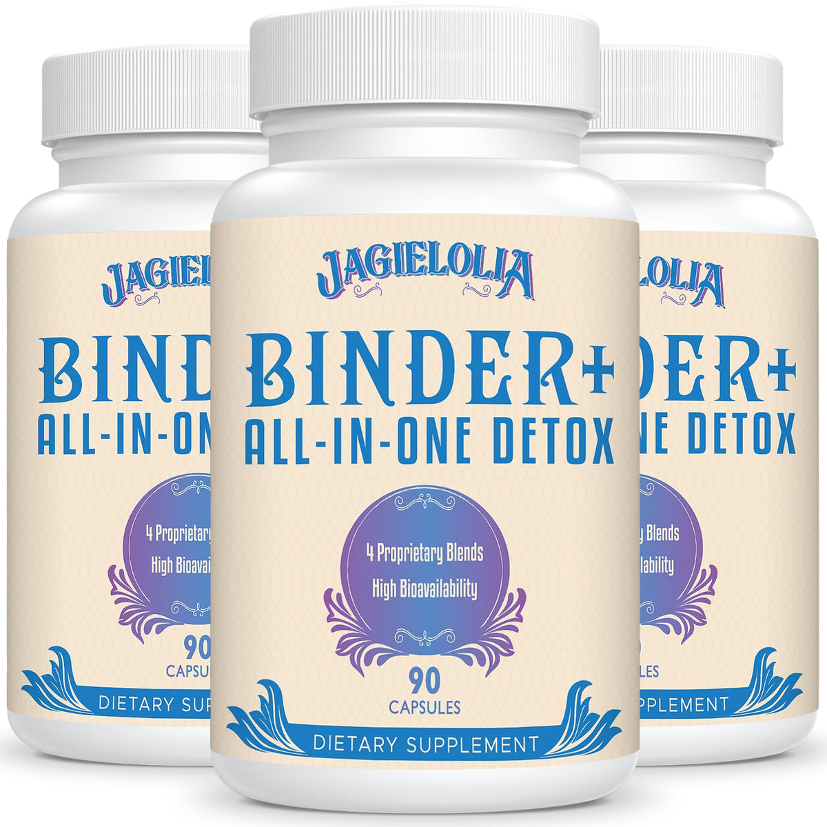 Jagielolia Detox Binder botella frontal, apoyo potencial para bienestar general y desintoxicación suave.