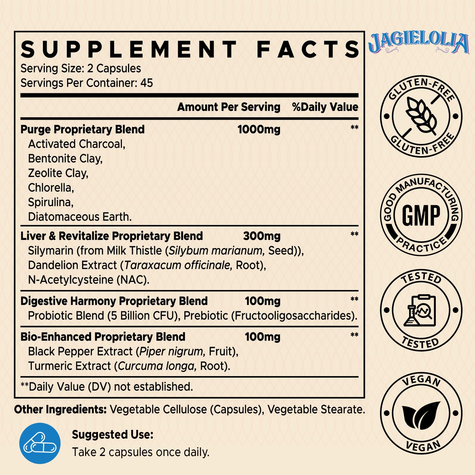 Jagielolia Detox Binder cápsulas en botella, apoyo digestivo diario posible.