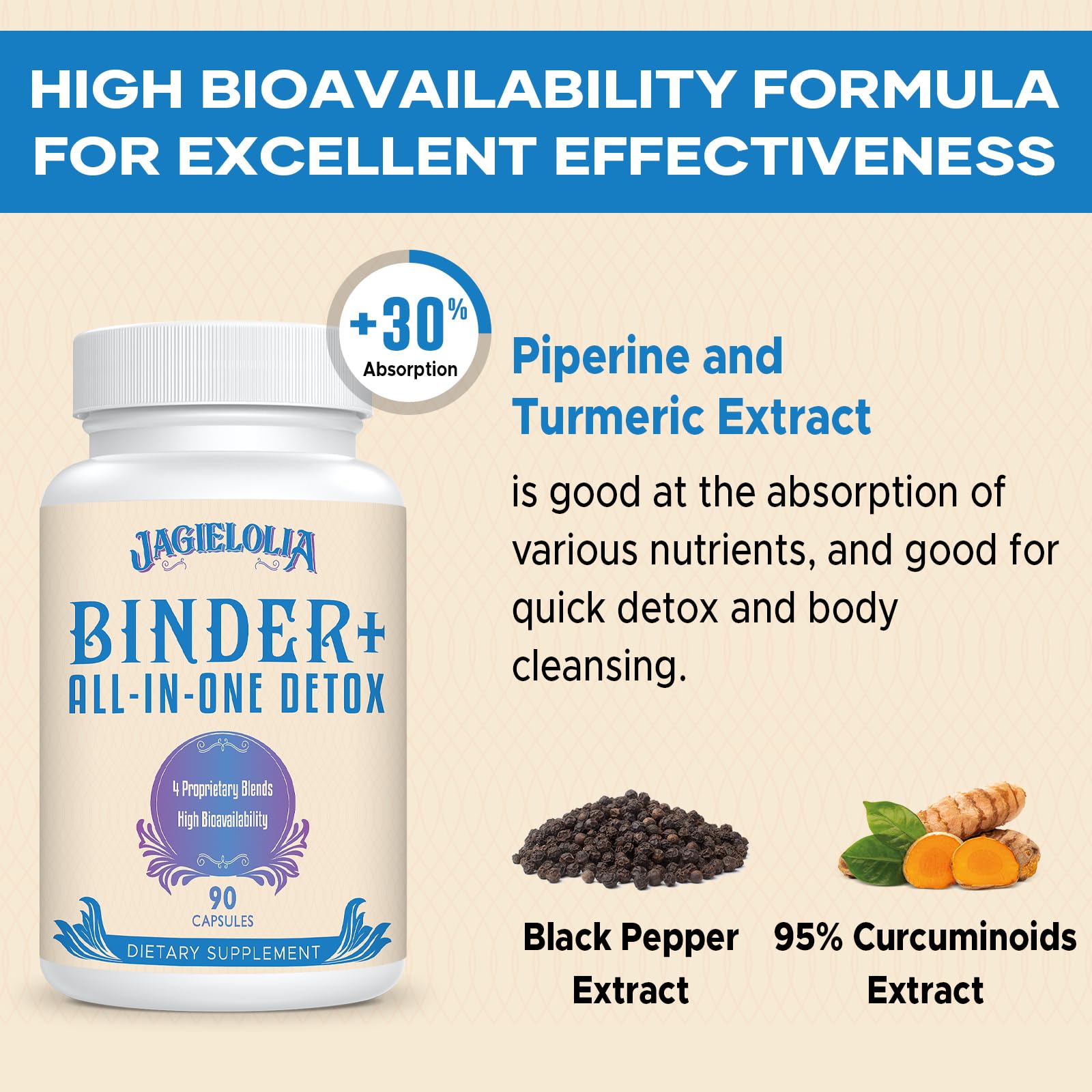 Jagielolia Detox Binder cápsulas en mano, recordatorio práctico para apoyo digestivo diario.