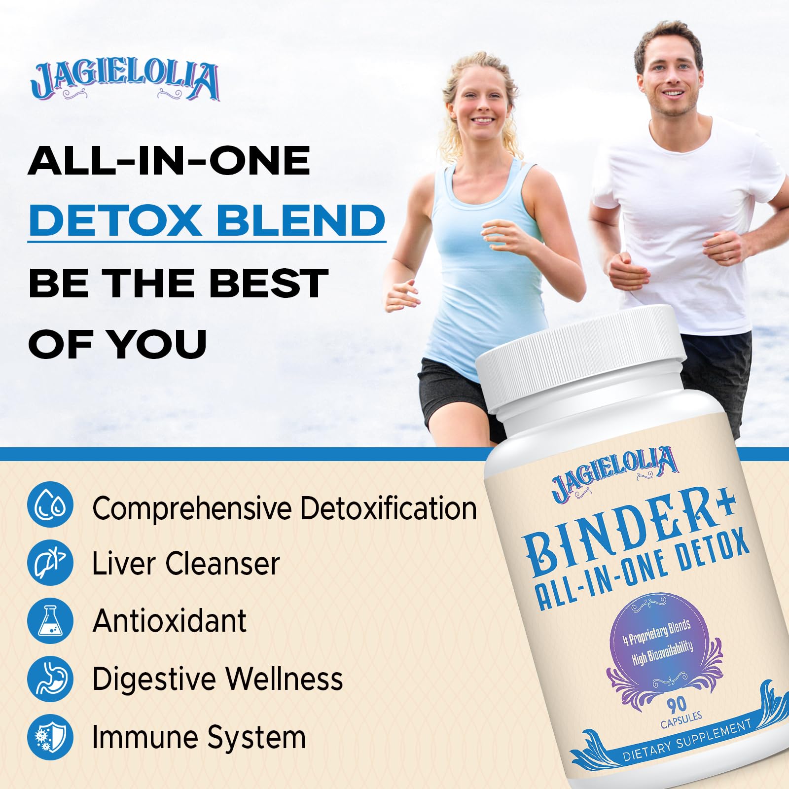 Envase compacto de Jagielolia Detox Binder, práctico para llevar.
