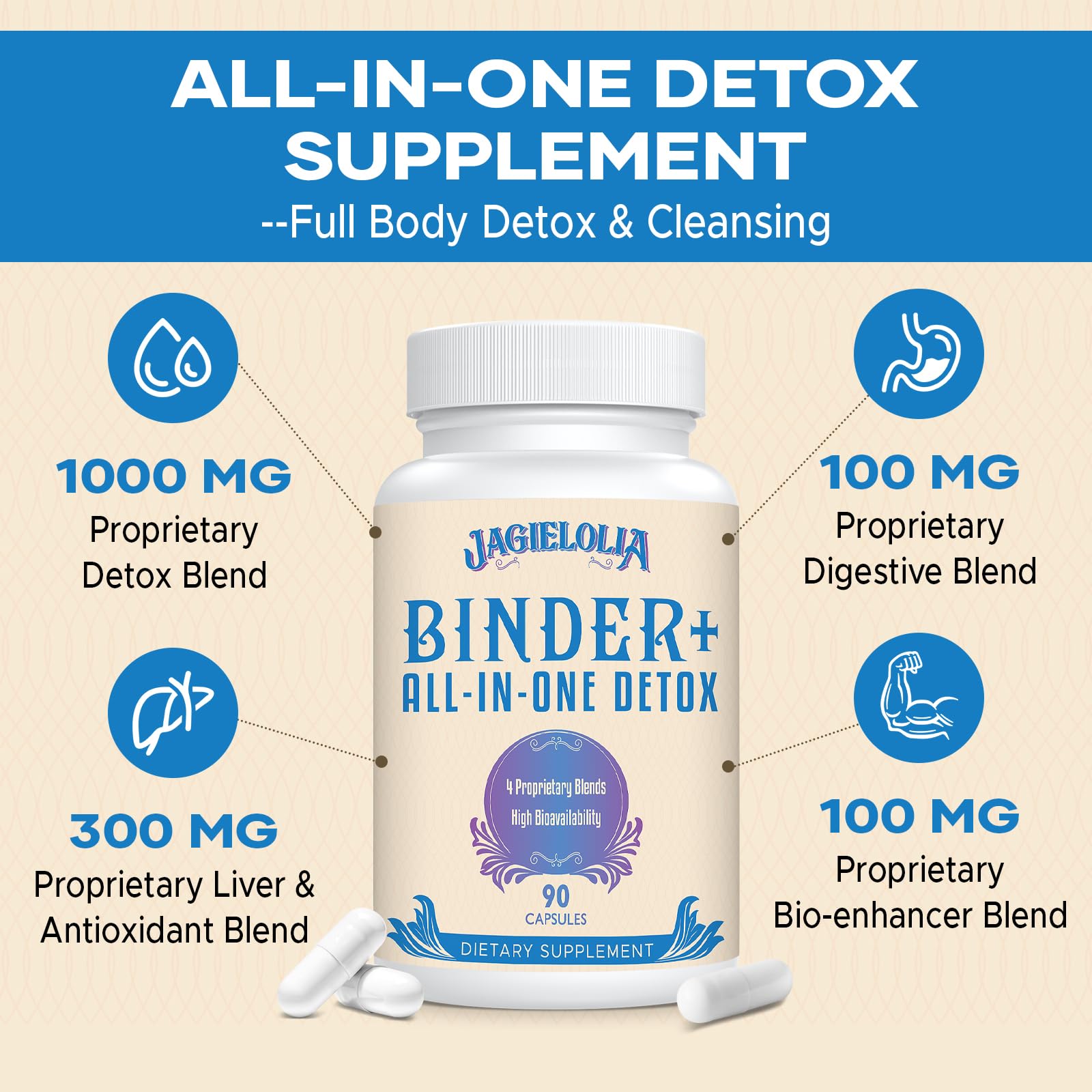 Jagielolia Detox Binder etiqueta frontal, atención a ingredientes clave para un detox suave.