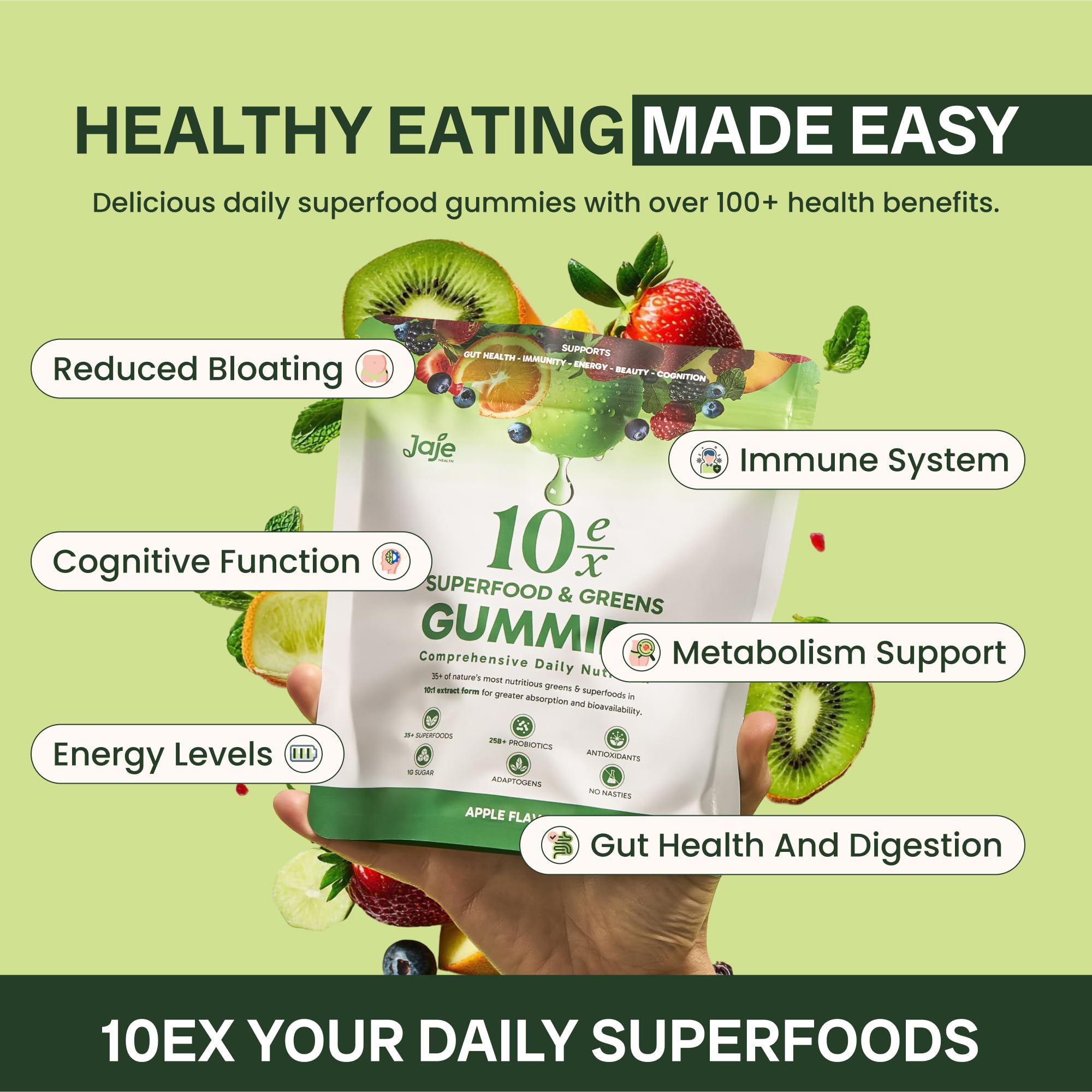 Gomitas verdes Jaje Health sabor manzana sin azúcar.