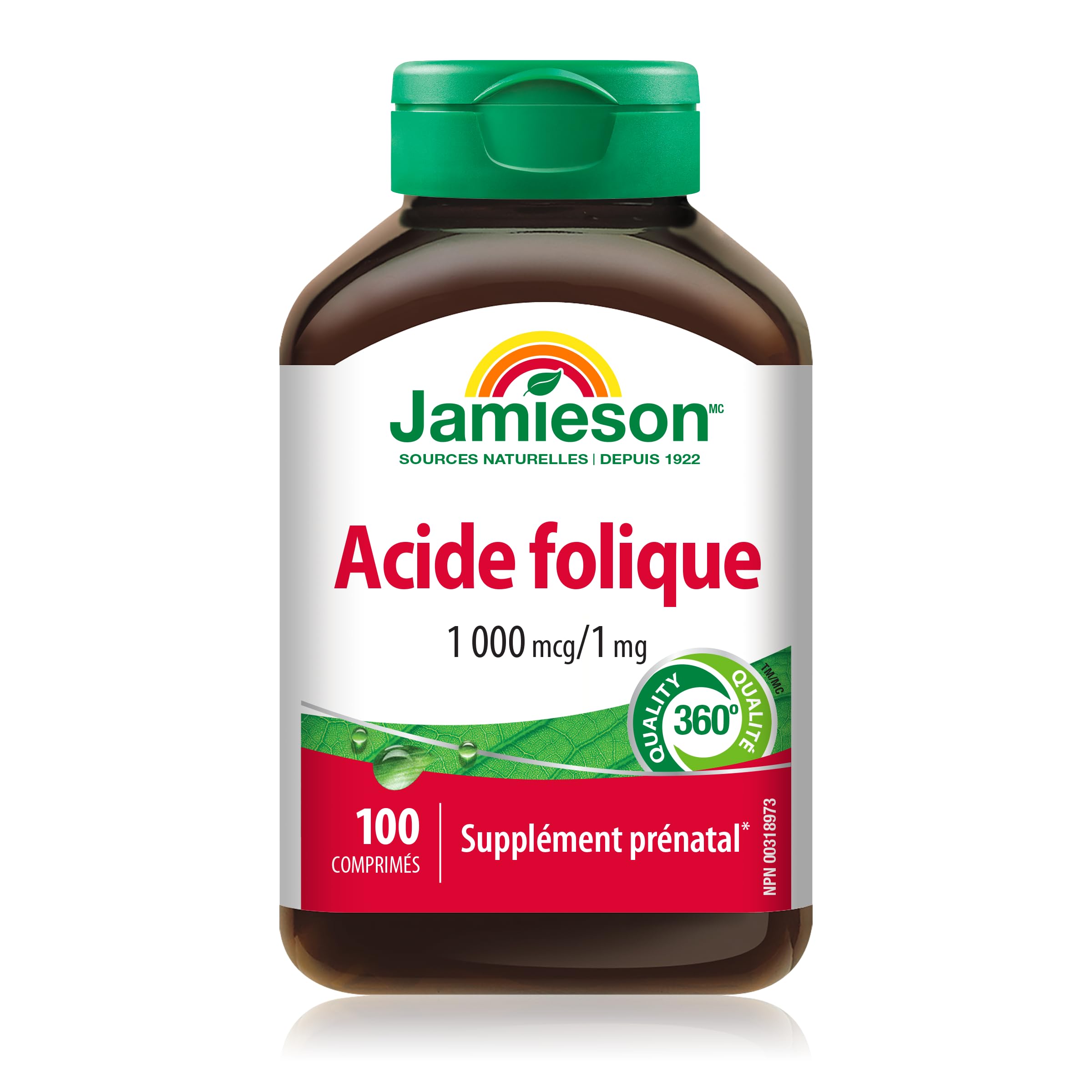 Jamieson ácido fólico 1 mg, dosis diaria para apoyo nutricional.