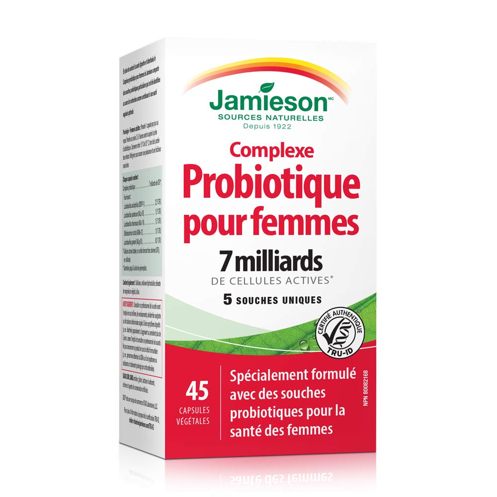 Jamieson complejo probiótico para mujeres, etiqueta visible, cepas diversas para la salud intestinal.