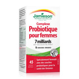 Jamieson complejo probiótico para mujeres, etiqueta visible, cepas diversas para la salud intestinal.