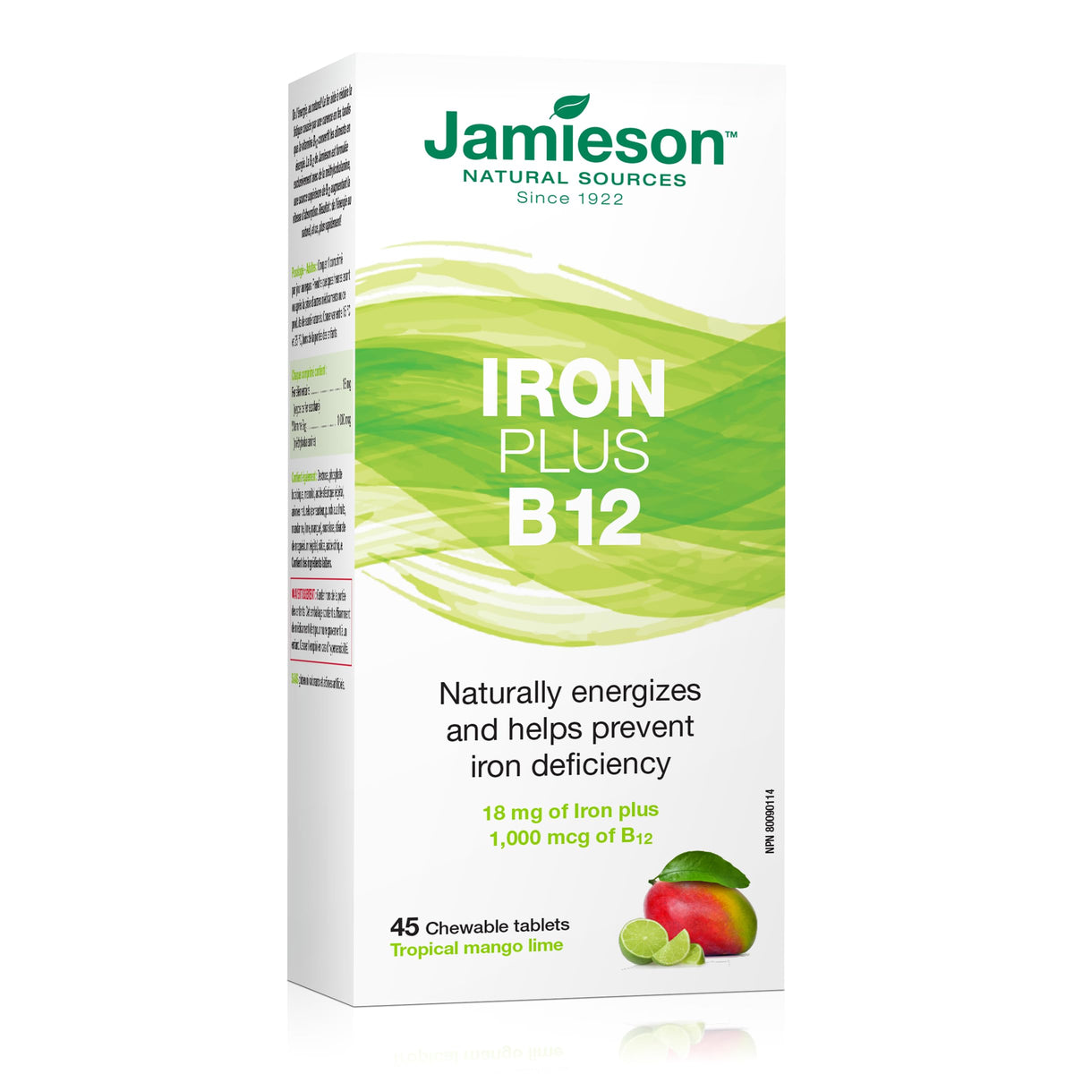 Jamieson hierro-b12 tableta masticable mango para energía diaria.