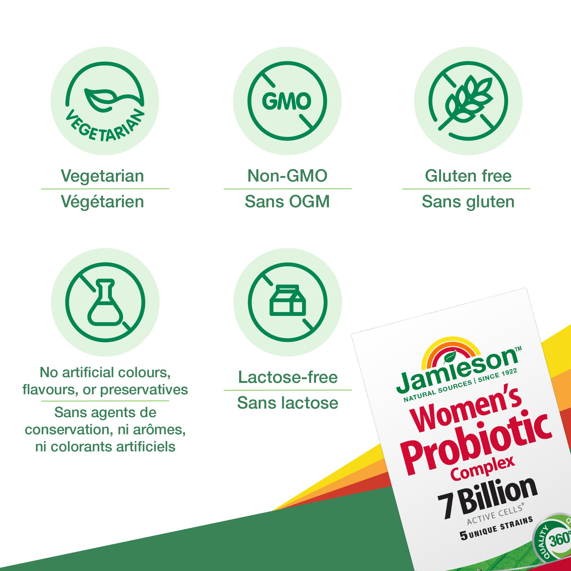 Jamieson complejo probiótico, mezcla de cepas, soporte digestivo y bienestar intestinal.