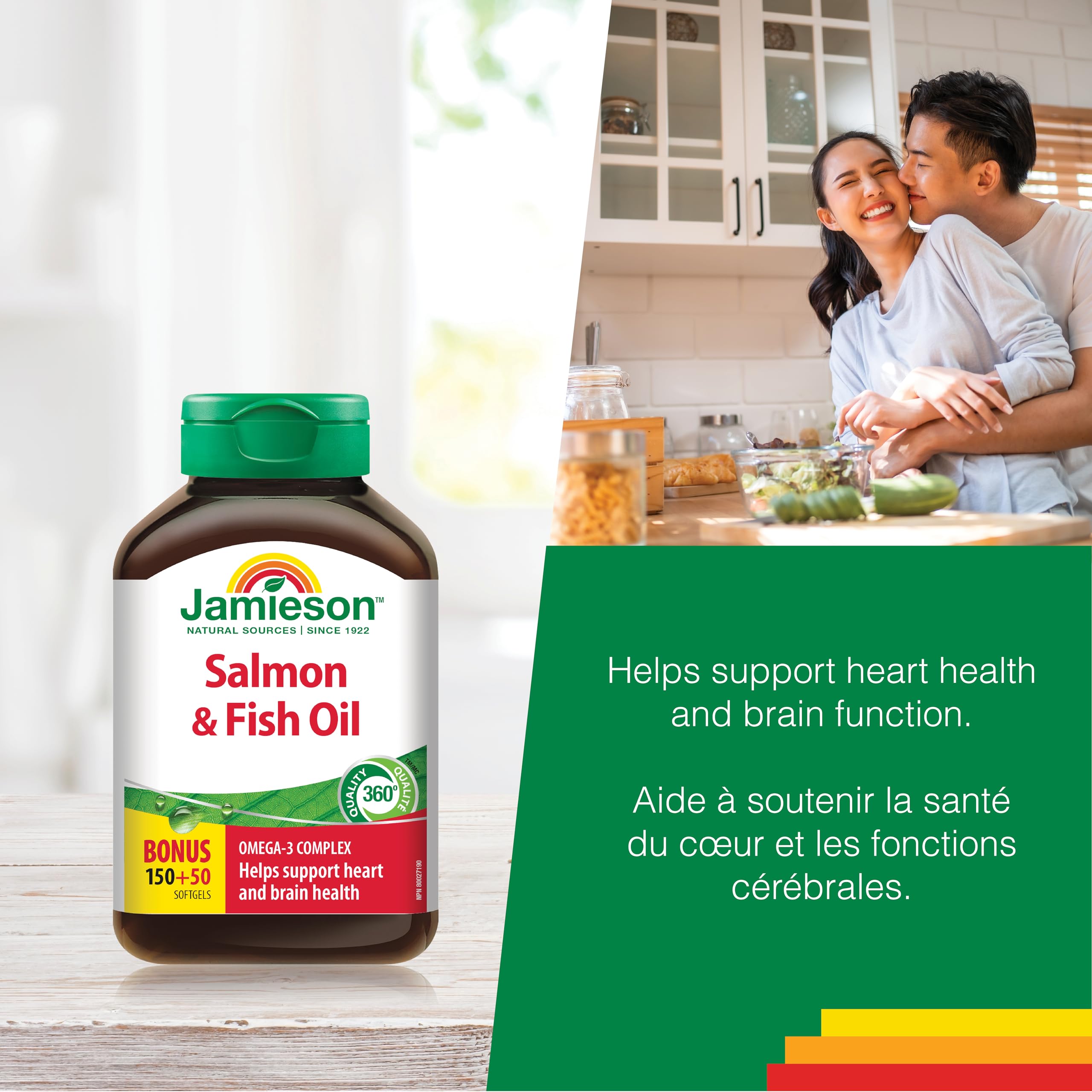 Frasco Jamieson Omega-3 visto desde el dorso, ideal para uso diario.