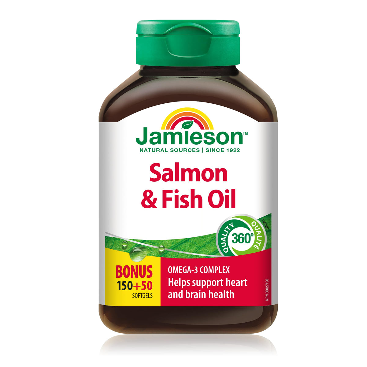 Frasco Jamieson Omega-3 frente, cápsulas blandas para apoyar la salud cardíaca.