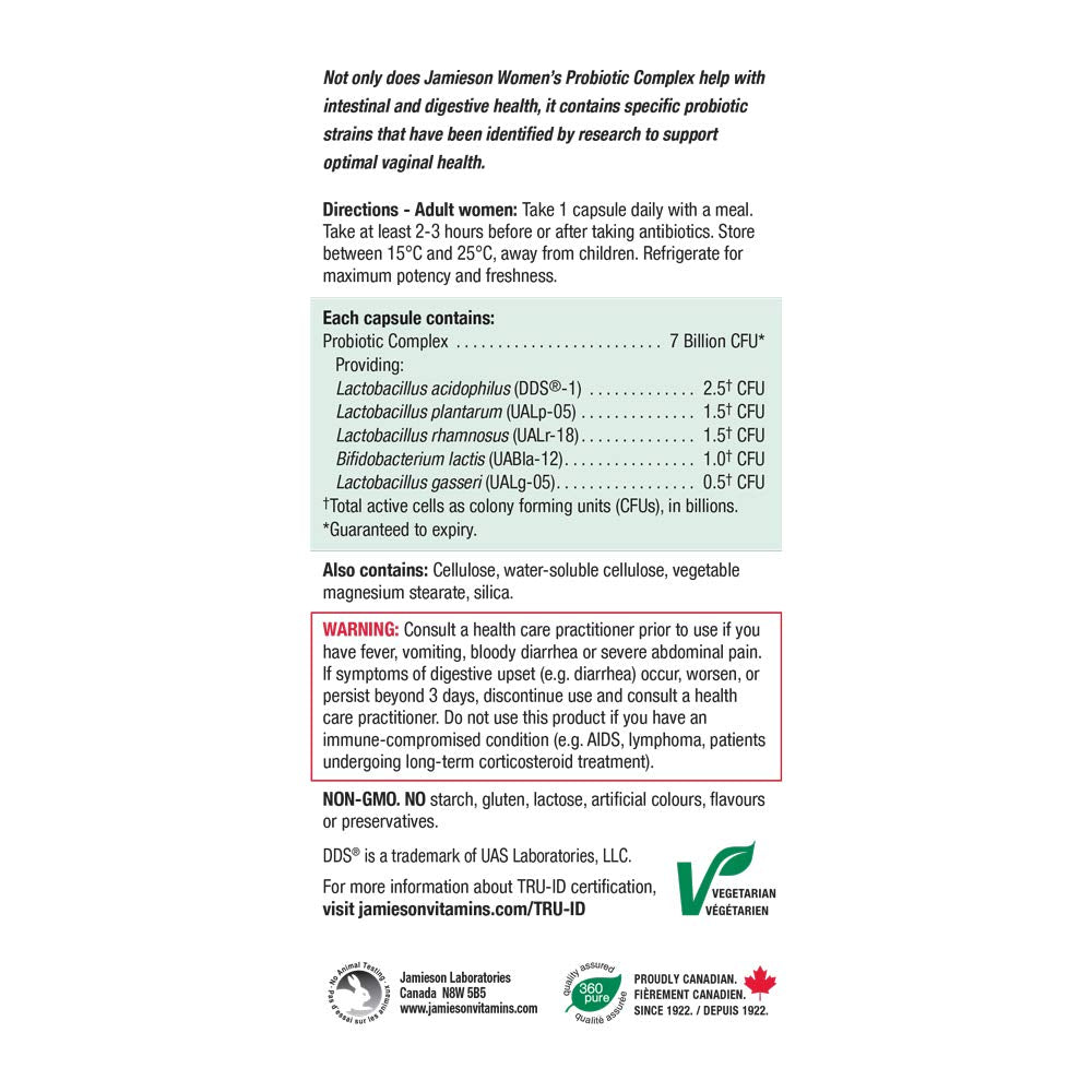 Jamieson probiótico para mujeres, uso diario recomendado para apoyar la microbiota intestinal.