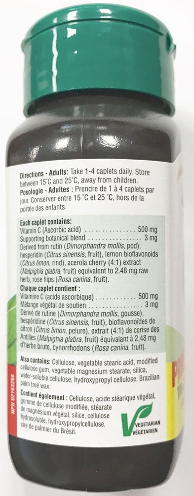 Etiqueta frontal de Jamieson Vitamina C 500 mg, frasco, útil para energía y defensa diaria.