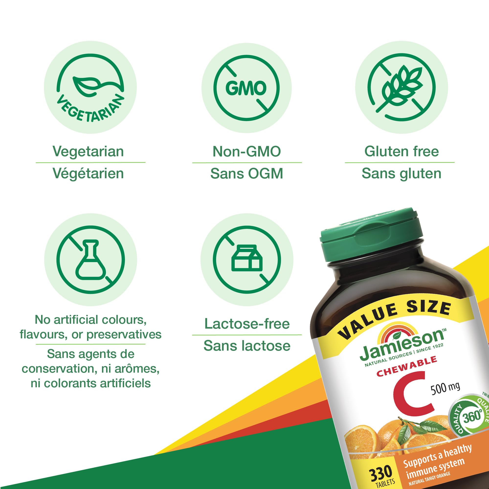 Botella de Jamieson C 500 mg masticable abierta para un snack rápido