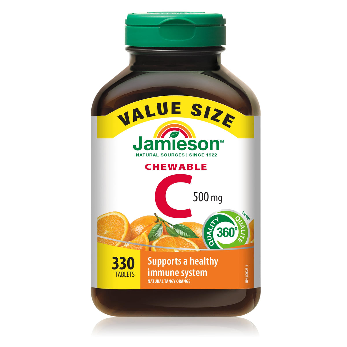 Jamieson Vitamina C 500 mg masticable, empaque frontal, apoya el sistema inmunitario