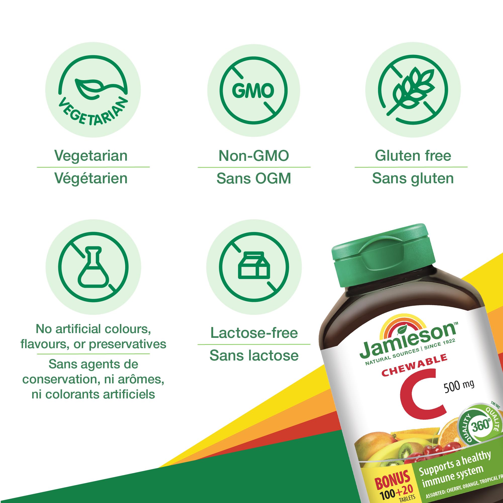 Jamieson Vitamina C 500 mg, sin colorantes artificiales, opción natural para la ingesta diaria.