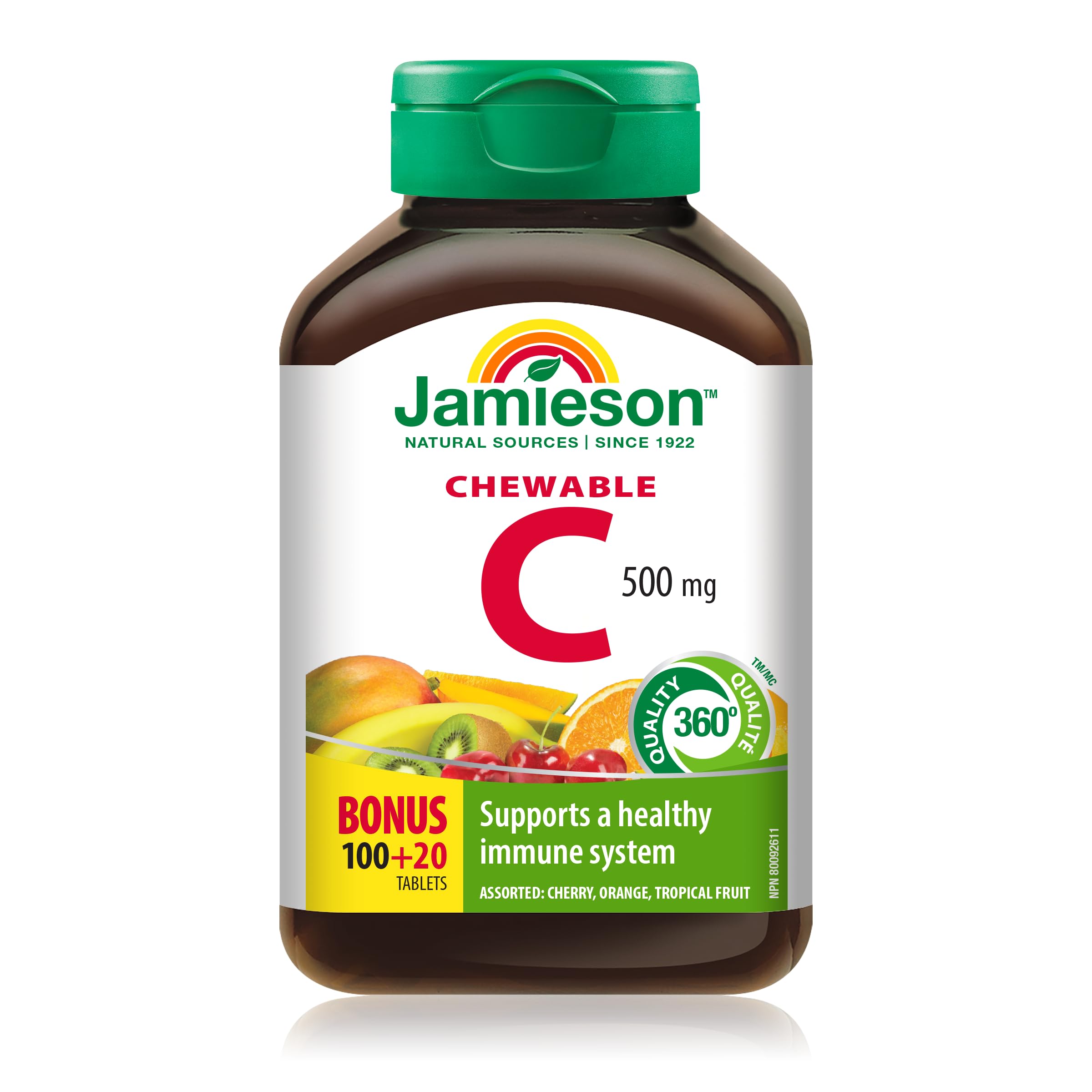 Jamieson Vitamina C 500 mg, tabletes masticables, sabor frutal para consumo diario.