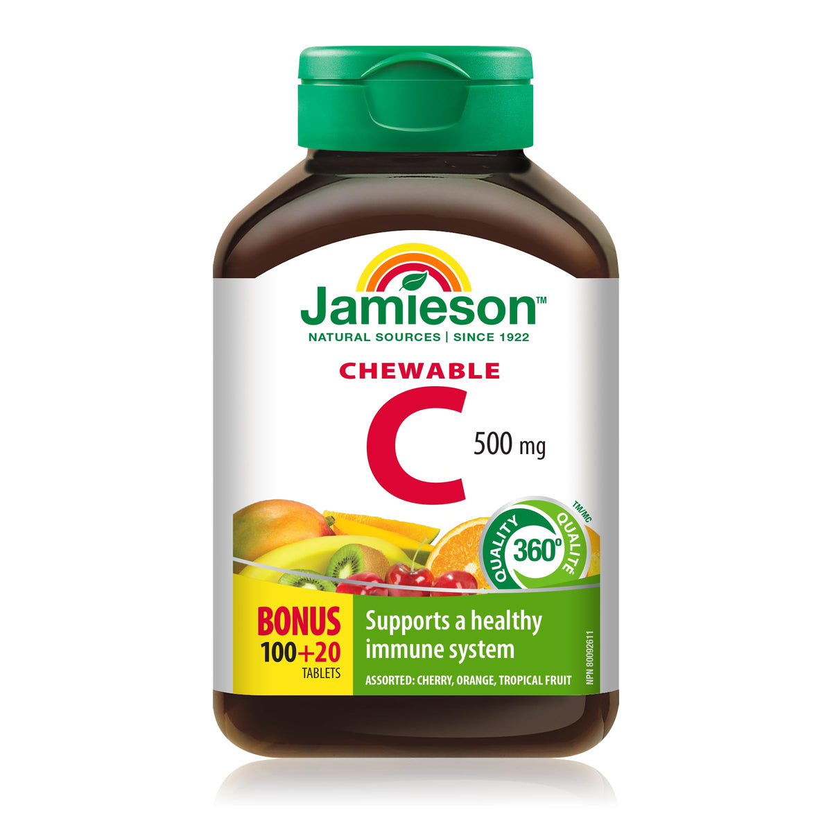 Jamieson Vitamina C 500 mg, tabletes masticables, sabor frutal para consumo diario.
