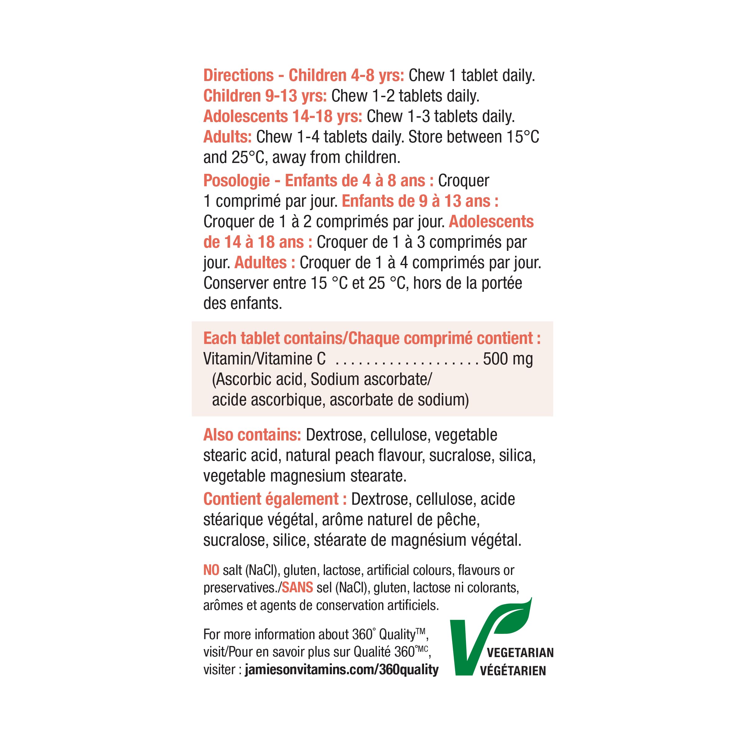 Jamieson Vitamina C masticables 500 mg etiqueta ingredientes clara y segura.